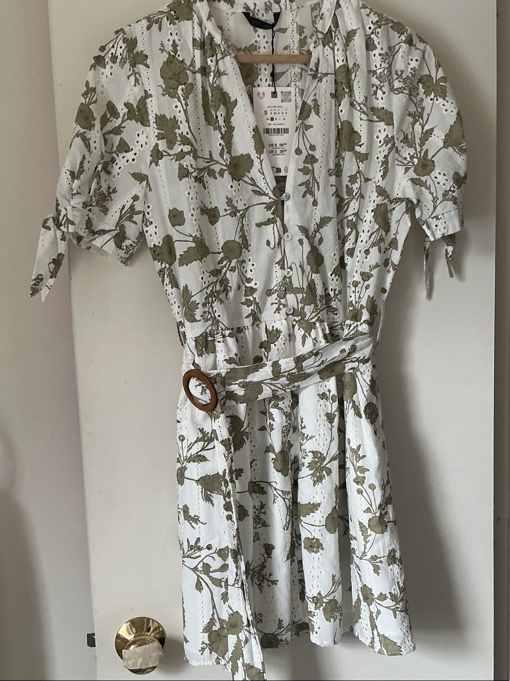 ZARA White & Olive Floral Eyelet Wrap Dress